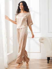 SilkSilky US Pure Silk Half Sleeve Round Neck Women's Pajamas Champagne 004