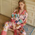 Womens Long Sleeve Pajama Set Ice Silk Fabric Floral Print